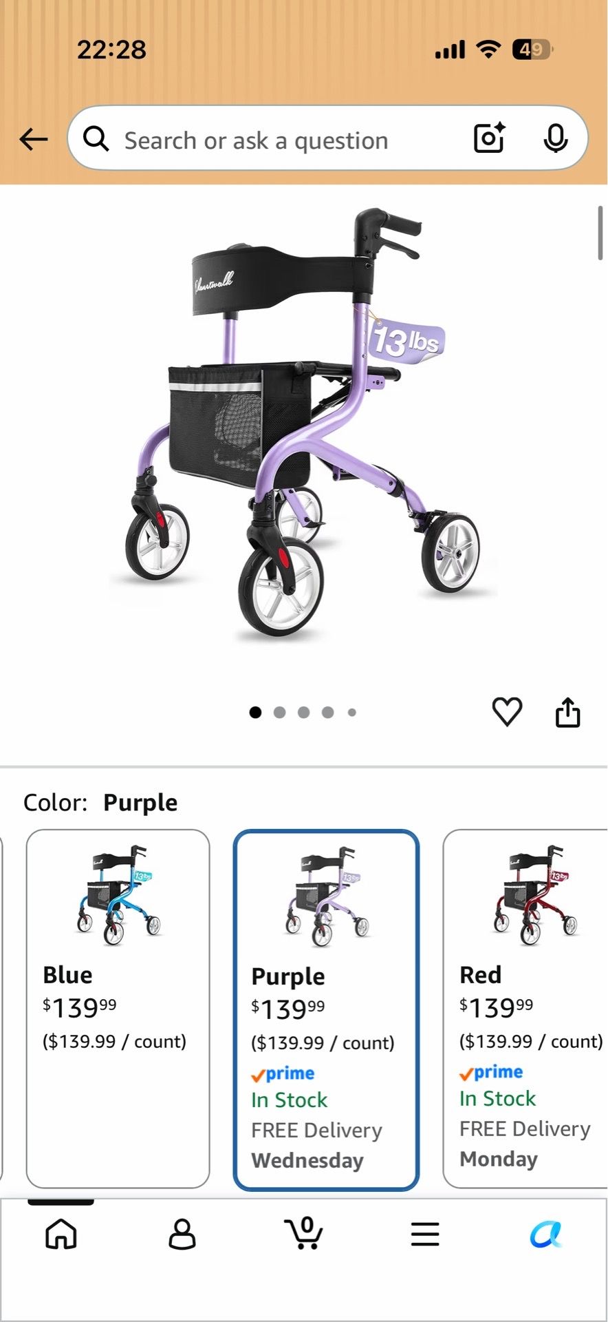 Planetwalk Premium 3 Wheel Rollator Walker for Seniors - PURPLE