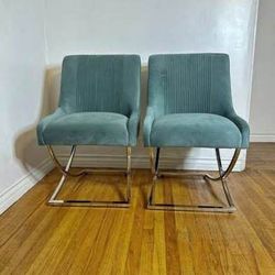 New set of 4 Luxe Green Upholstered Dining Chairs with Gold Metal Frame