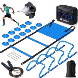 Agility Ladder Speed Training Equipment Set-20ft Agility Ladder,12 Soccer Cones,4 Hurdles, Jump Rope, Running Parachute| Basketball Football Soccer Tr