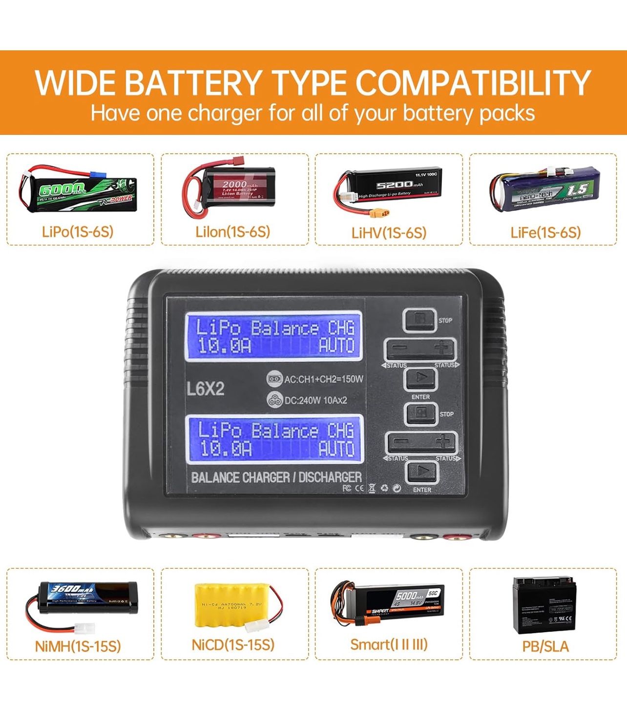 RC LiPo Battery Charger 240W 10A Dual Channel Fast Balance L6x2 Smart Charger New