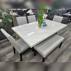 6- Pieces white colour Dining Set with marble top table