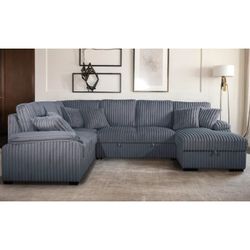 Brand New GrayBlack/Brown/Biege U Sectional With Pullout Sofa And Storage Chaise ( 123.03 x 97.64 (66.93 Chaise) x 38.19 in. H)   