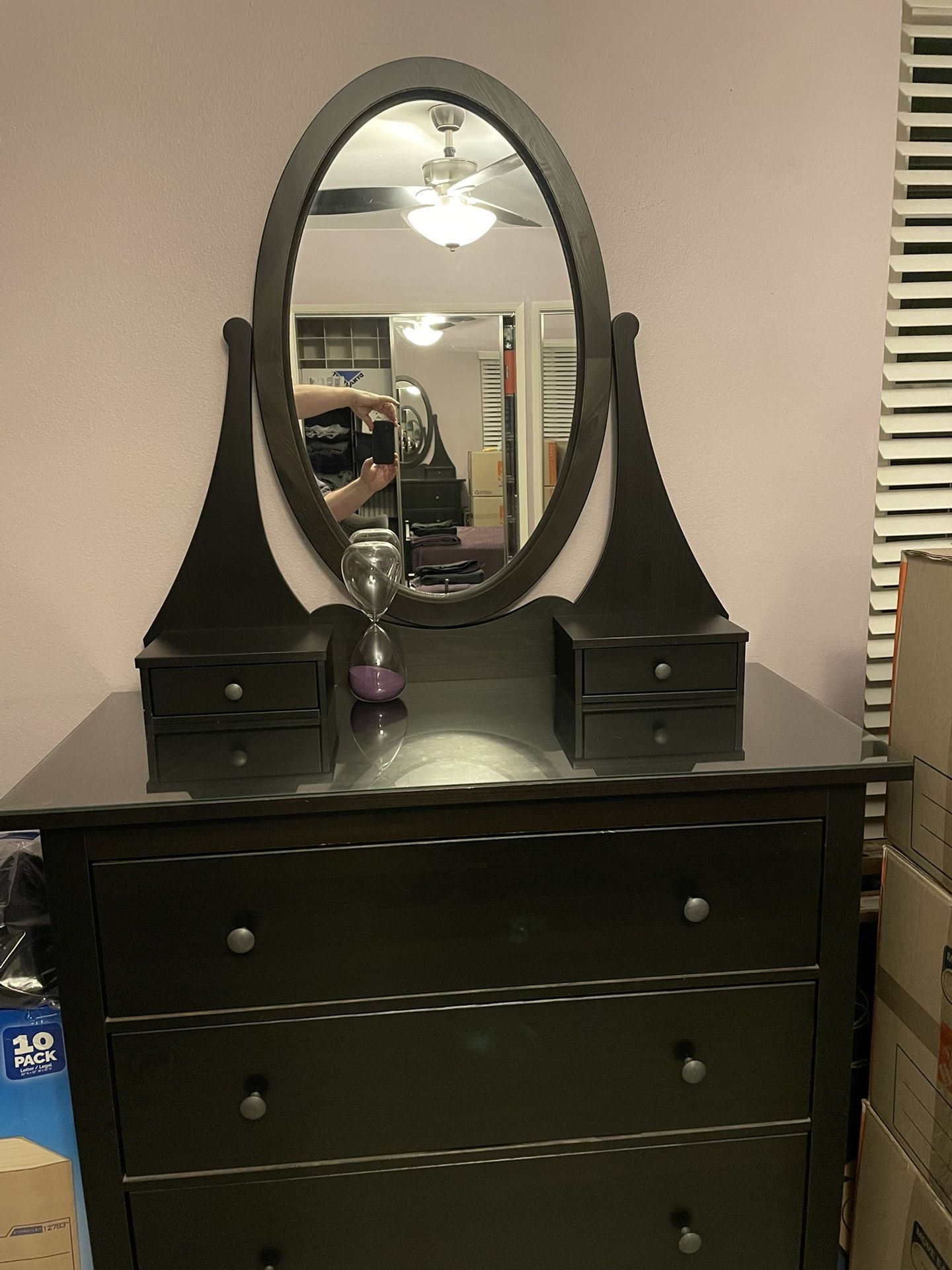 IKEA 3 piece Hemnes bedroom furniture set dresser, nightstand, headboard with glass tops $100 OBO