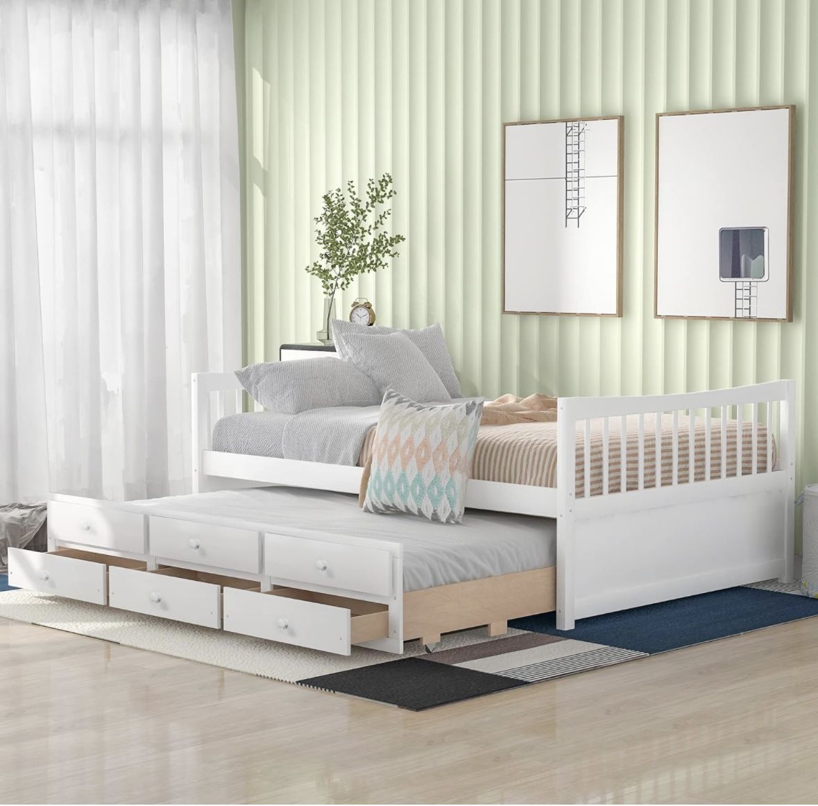 Full Size Daybed with Twin Trundle and Storage Drawers, Solid Wood Platform Bed for Bedroom Guestroom, White