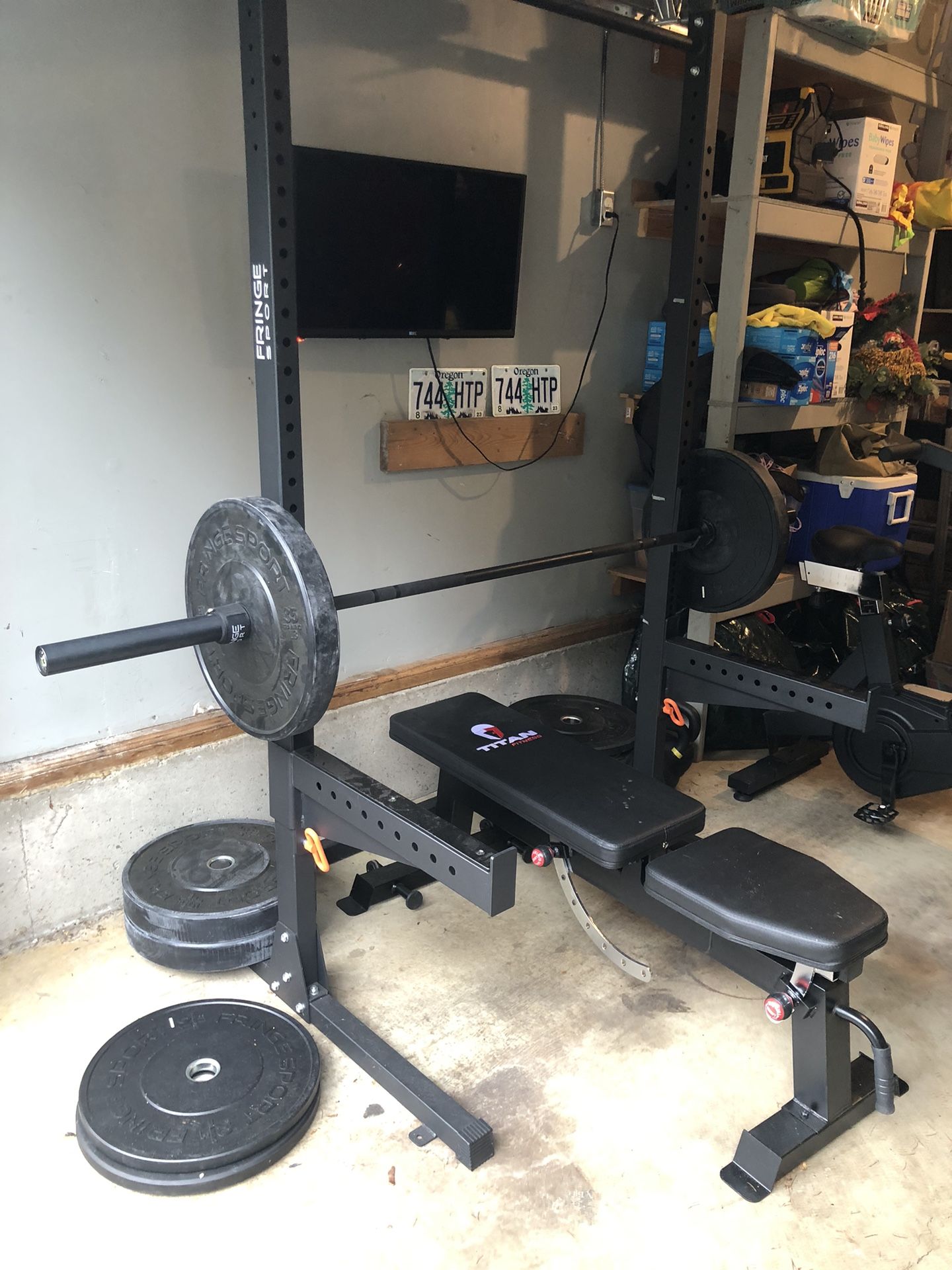 Squat Rack, Barbell, Bumper Plates - Home Gym Equipment