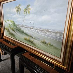 Large Framed Coastal Beach Scene Painting