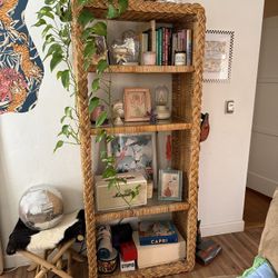 Vintage Rattan & Glass Standing Shelf