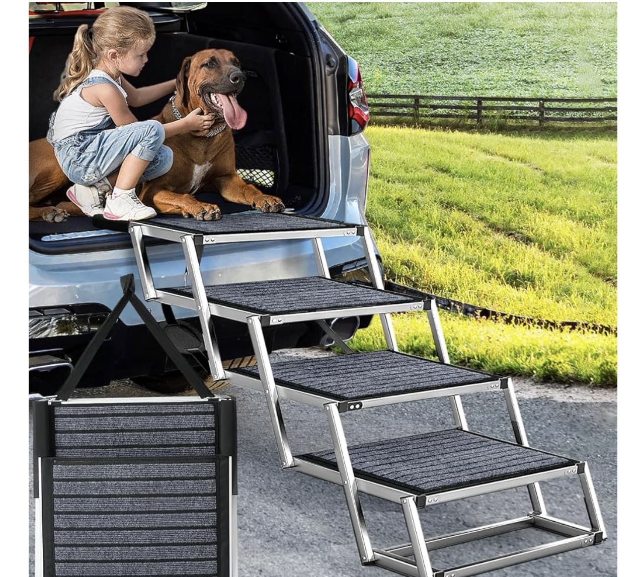 Portable Aluminum Dog Steps for Cars, SUV, High Beds and Trucks, Supports Up to 250 Lbs
