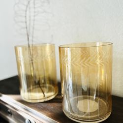 New Gorgeous Glass XL Etched Amber Hurricane Vases Multiuse Flowers Candle Holder Bath Towels etc