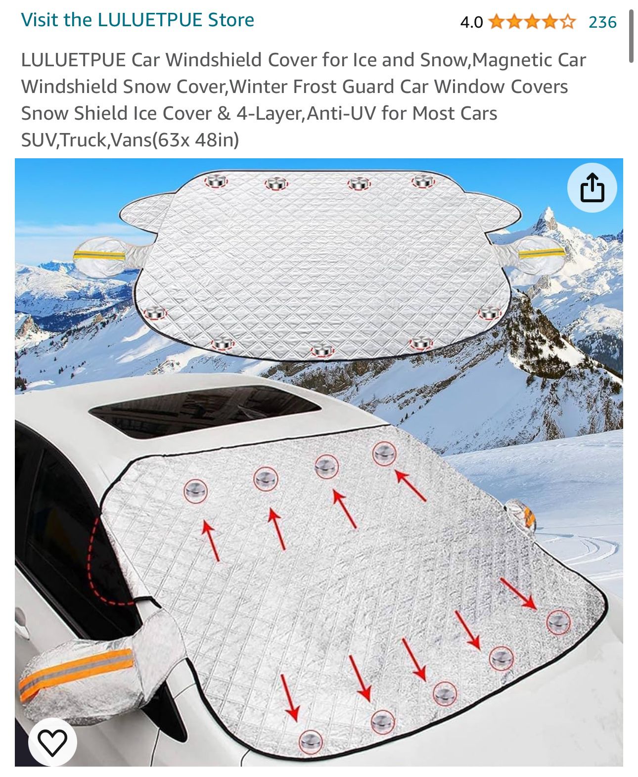 LULUETPUE Car Windshield Cover for Ice and Snow,Magnetic Car Windshield Snow Cover,Winter Frost Guard Car Window Covers Snow Shield Ice Cover & 4-Laye