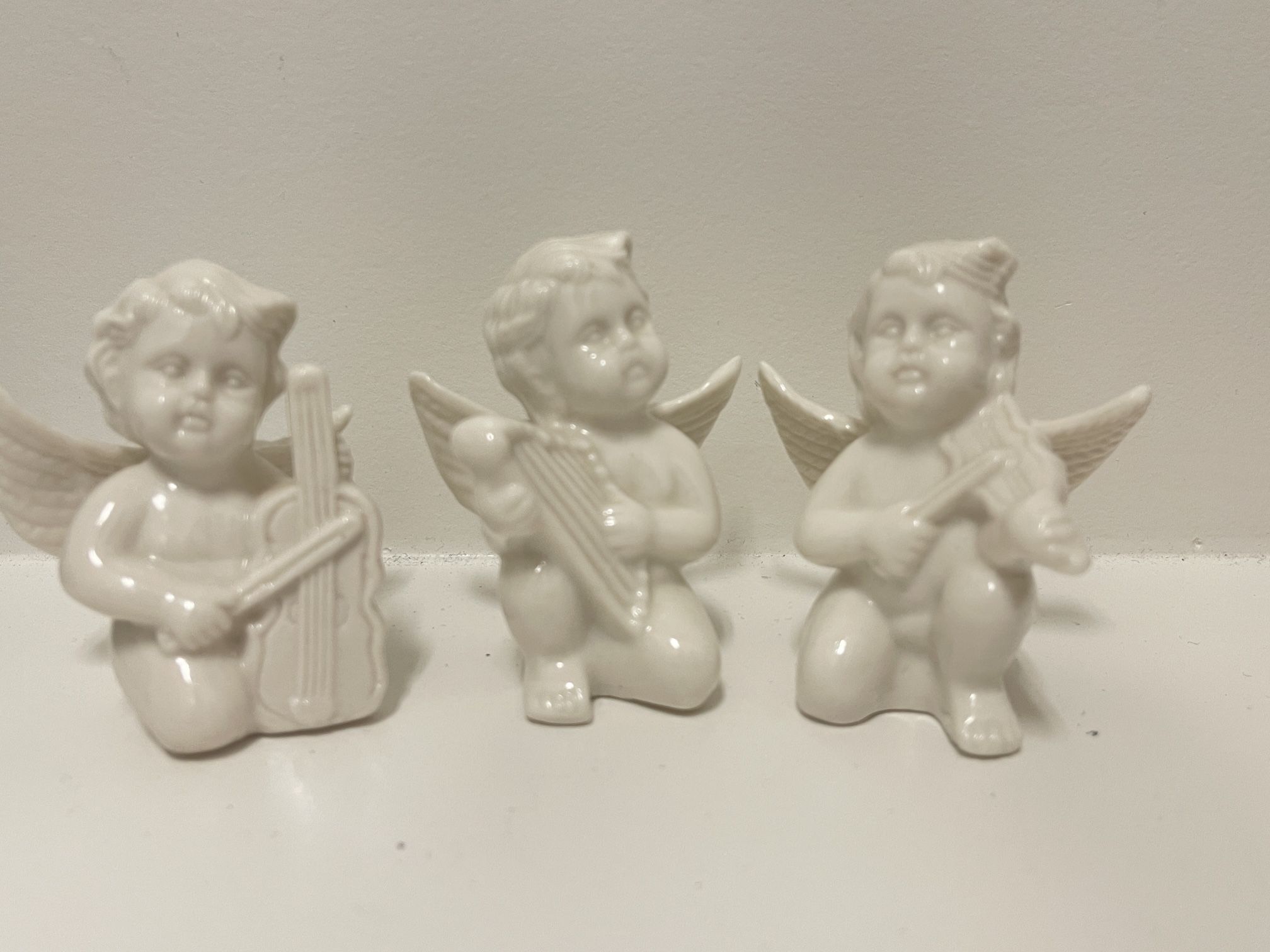 Vintage Glazed Ceramic Angels Playing Violin, Harp, & Cello- Set Of 3