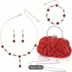 5 Pcs Women Rose Clutch purse Rose & Jewelry Set