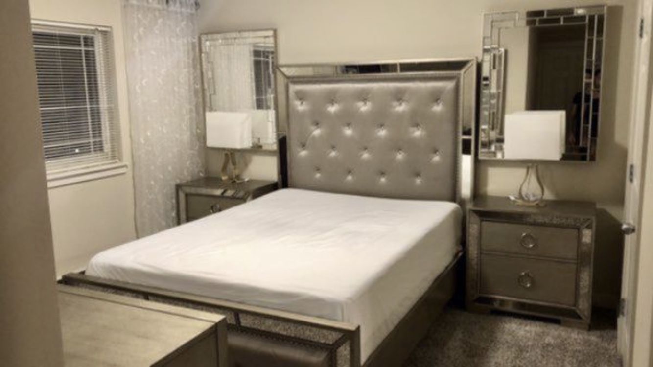 Celine 5-piece Mirrored and Upholstered Tufted Queen-size Bedroom Set ($2000 mattress included in price)
