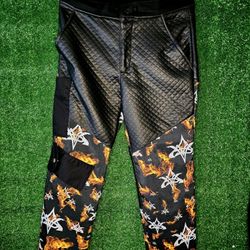 VMS Flame Print & Quilted Faux Leather Pants | Urban Streetwear Joggers | Unisex Designer Fire Pants | Bold Hip Hop Fashion
