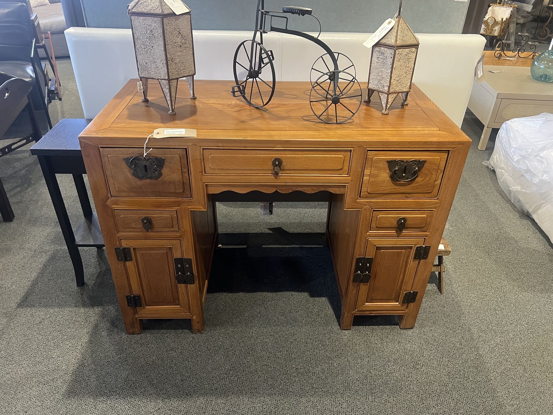 Desk: Vintage Chinese Desk W/ 5 Drawers & 2 Side Doors as-is (several scratches on top) SKU 8JBH8F