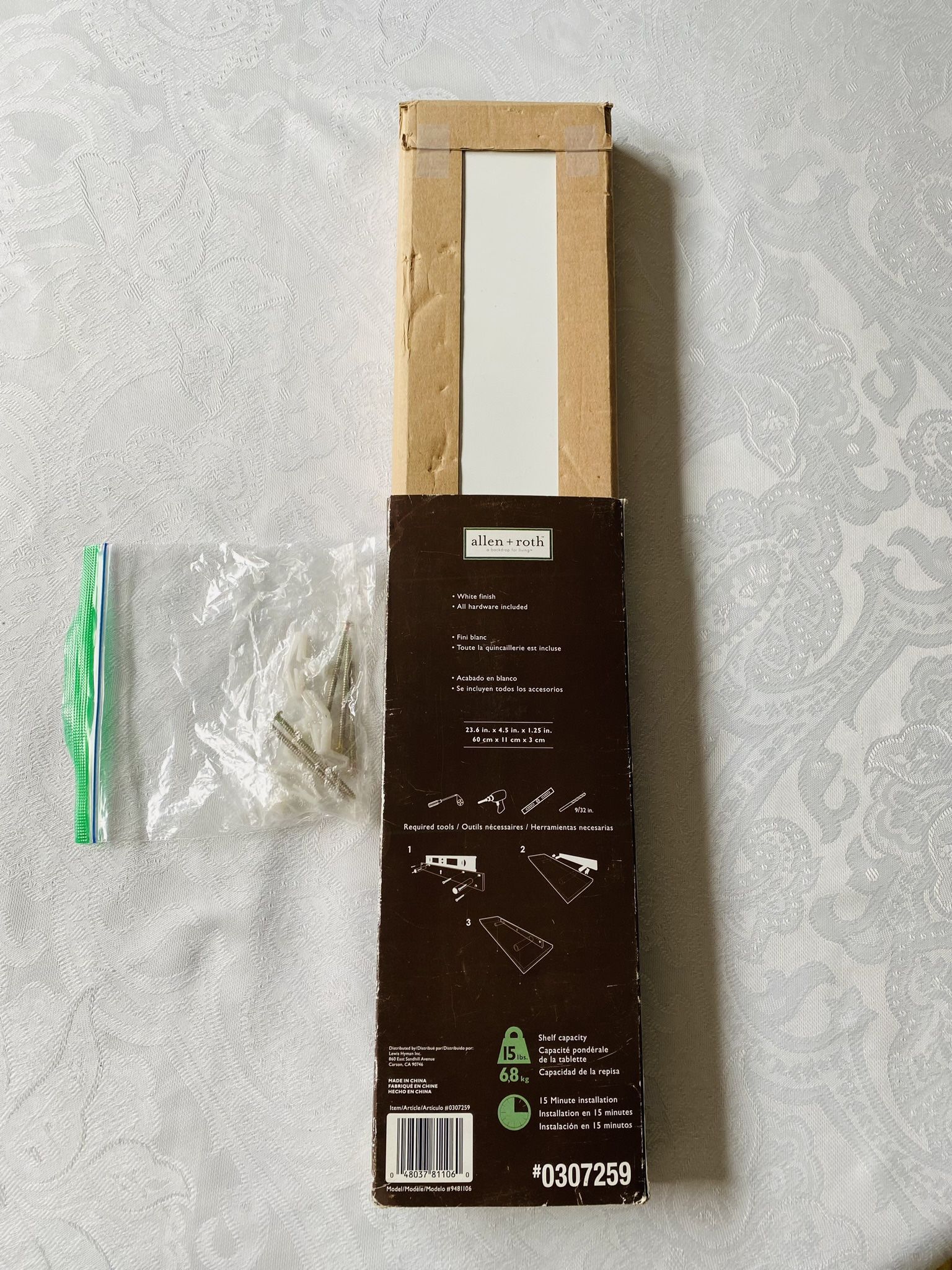 Famous Allen+Roth “Hidden Bracket Ledge”. Floating shelf. White. New. Still in original packaging. 23.6x4.5x1.25 in. Great bargain for this brand.
