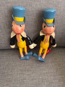 2 Rare Disney Jiminy Cricket Jointed Wood Doll Ideal Toy Co Pinocchio 1940 8.5"