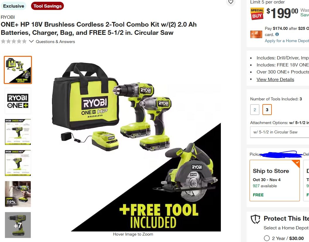 Ryobi Tool Combo Kit With Batteries, Circular Saw, Charger
