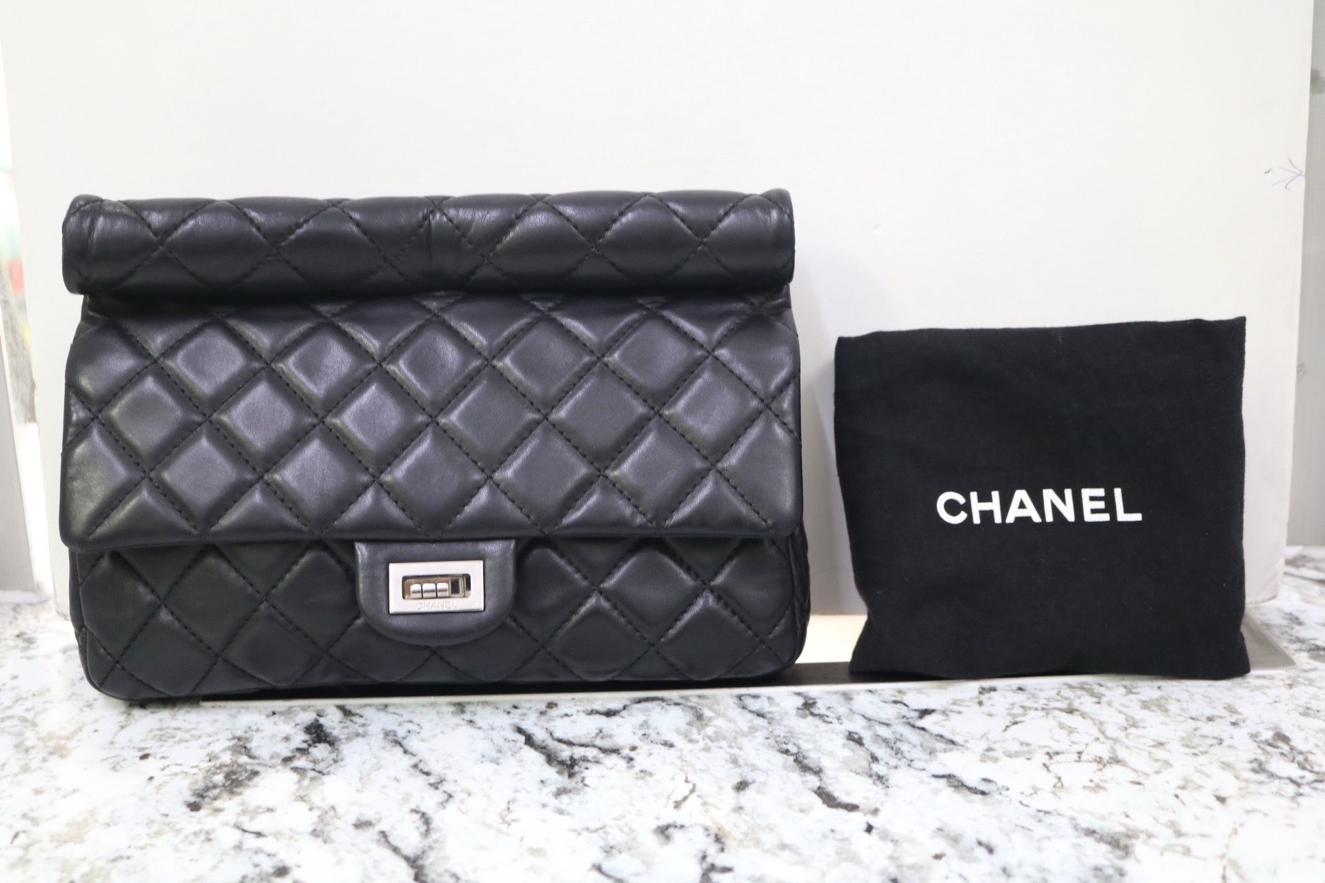 Chanel 2.55 Roll Reissue Clutch Black Quilted Leather Bag 2010s Era