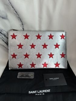 authentic Saint Laurent iPad mini Rider zip Pouch with star patches NWT