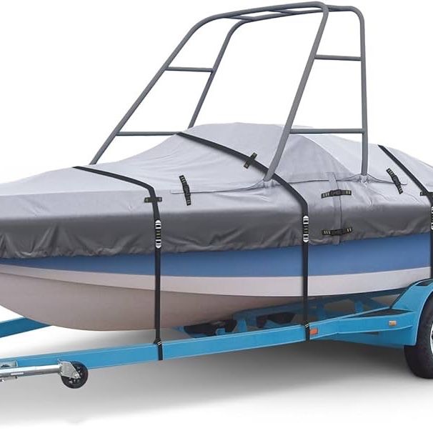 900D Ski & Wakeboard Tower Boat Cover, Waterproof Fade and Tear Resistant Boat Cover, Full Metal Fittings Trailerable Boat Covers 22-24FT Fits V-Hull,