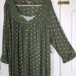 2X Kim Rogers Womans Olive Green 3/4 Sleeve V-Neck Popover Top 