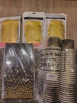 Black & Gold Party Decor Bundle – Dessert Cups, Fringe Curtains & Tablecloth – $20