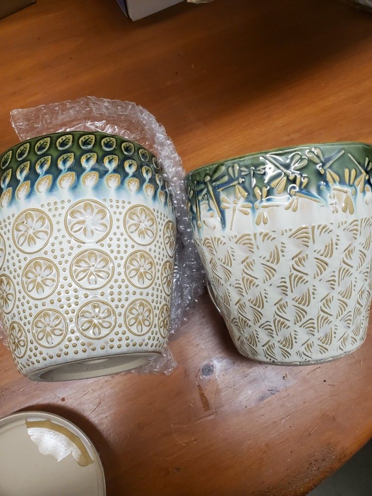 6 Inch + 6 Inch Ceramic Planter Pot with Drainage Holes, Saucers and Mesh Pads for Indoor-Outdoor Plants, Succulent Orchid Flower, Round Plant Pots, S