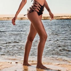 NWT MISS BIKINI LUXE High Waist Strappy Lace Up Black Swim Bottoms Italy L US M
