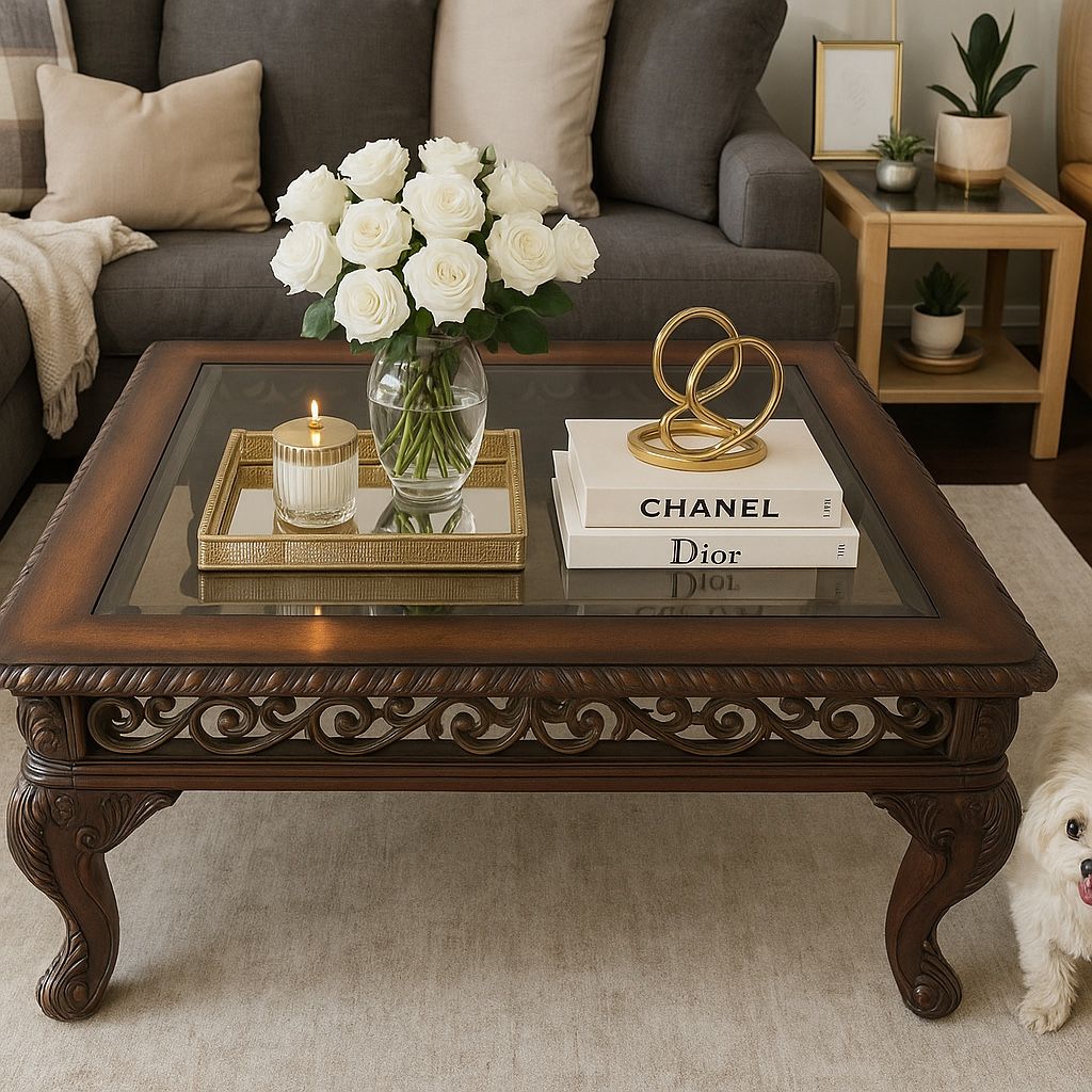 Large Thomasville Solid Wood and Glass Coffee Table