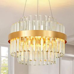 Modern Crystal Chandelier Gold, LED 3-Color Change Pendant Lights Fixture, Round Crystal Hanging Lamp for Entryway, Dining Room, Bedroom, Corridor, Ba
