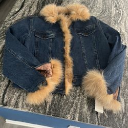 Dark Blue Denim Jacket With Fox Fur Arms And Neck And A Quilted lining. 