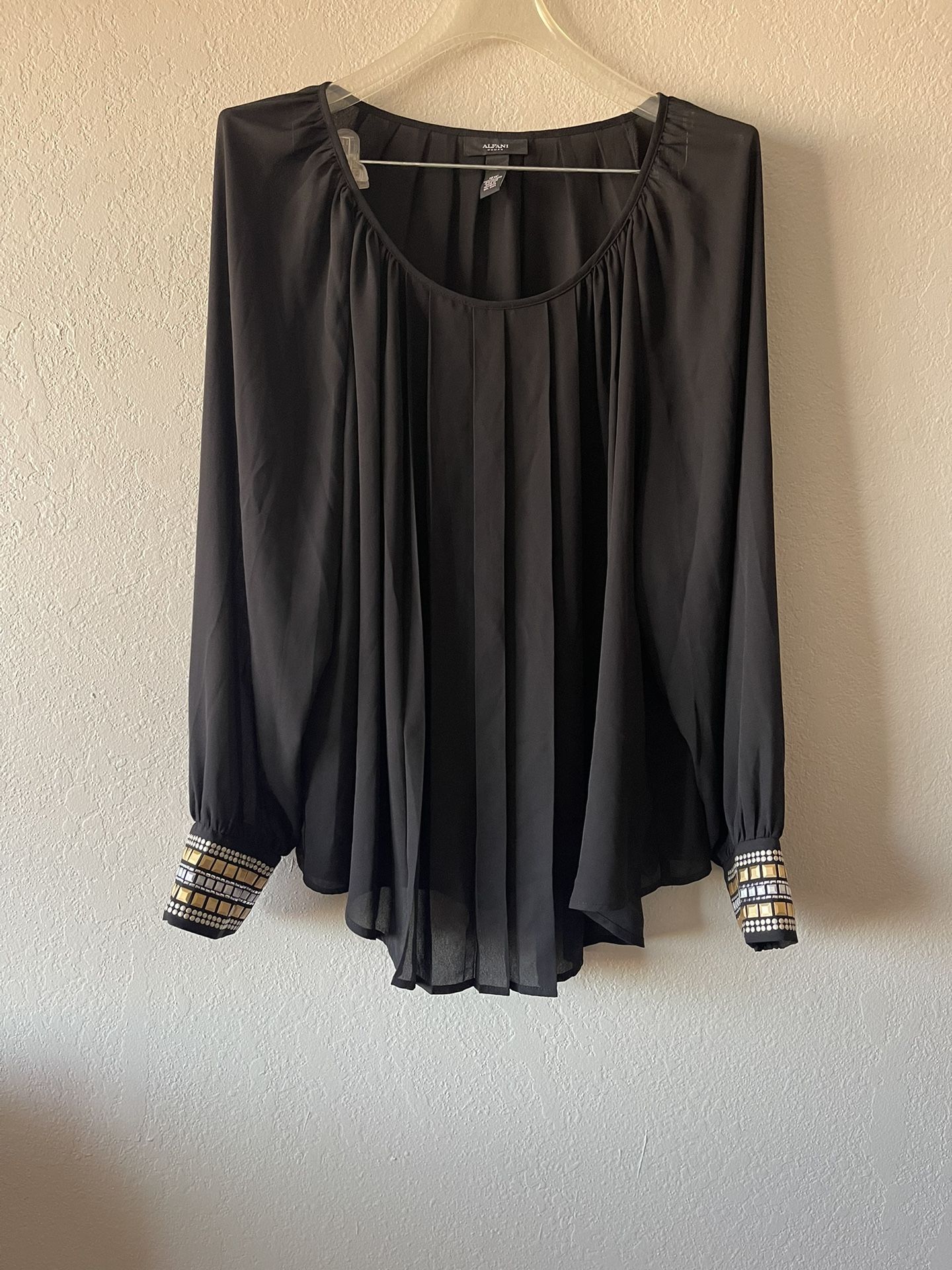 Alfani, Women’s Black Studded Longsleeve Sheer Scoop Neck Blouse, Size 18W