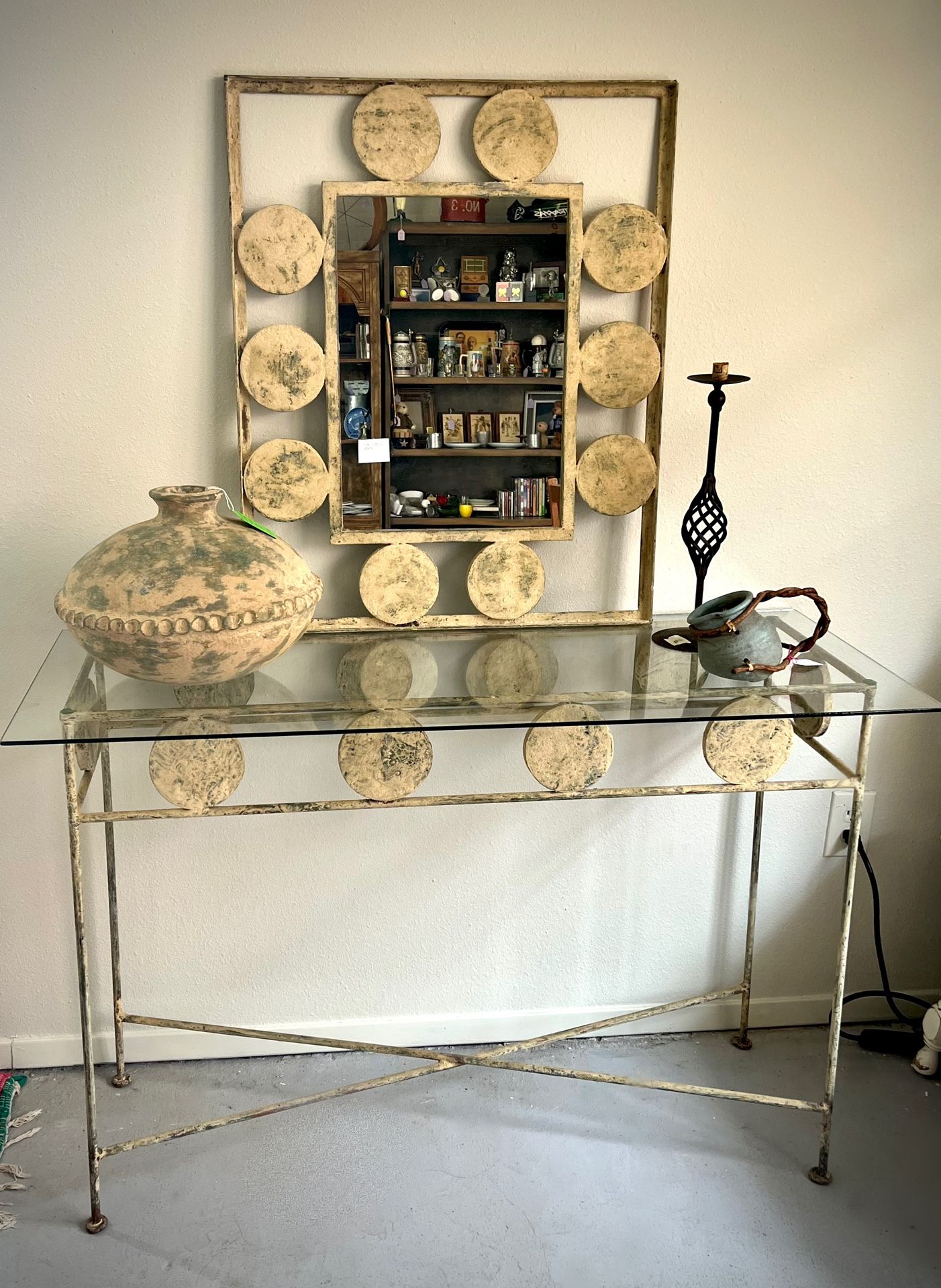 Vintage Cast Iron Glass Top Console Table And Wall Mirror From Tlaquepaque