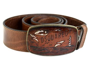 DSQUARED2 Brown Leather Belt Size L Large Vintage Seaside Lighthouse Plaque Buck