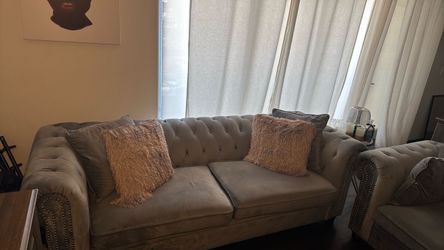 Gray Tufted Velvet Sofa with Nailhead Trim