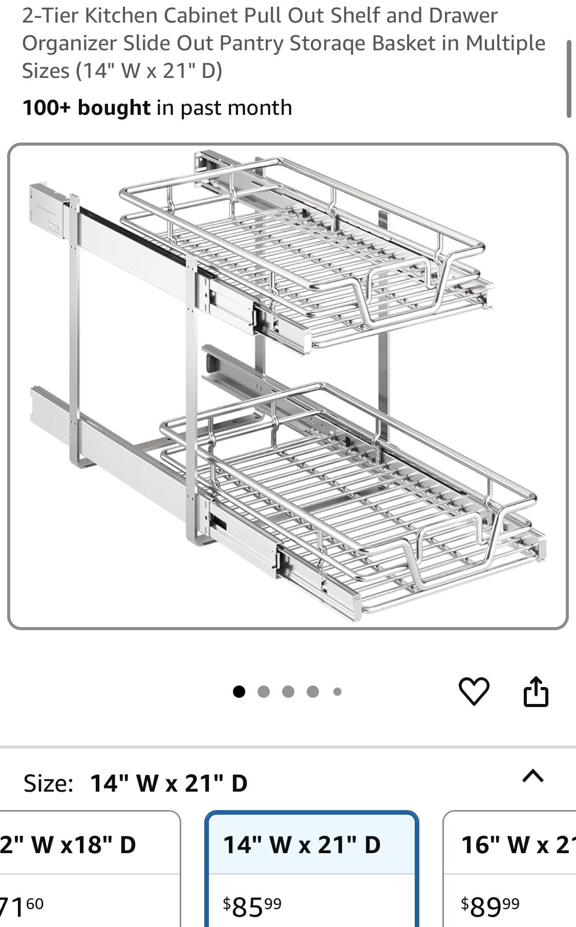 2-Tier Kitchen Cabinet Pull Out Shelf and Drawer Organizer Slide Out Pantry Storaqe Basket in Multiple Sizes (14" W x 21" D)