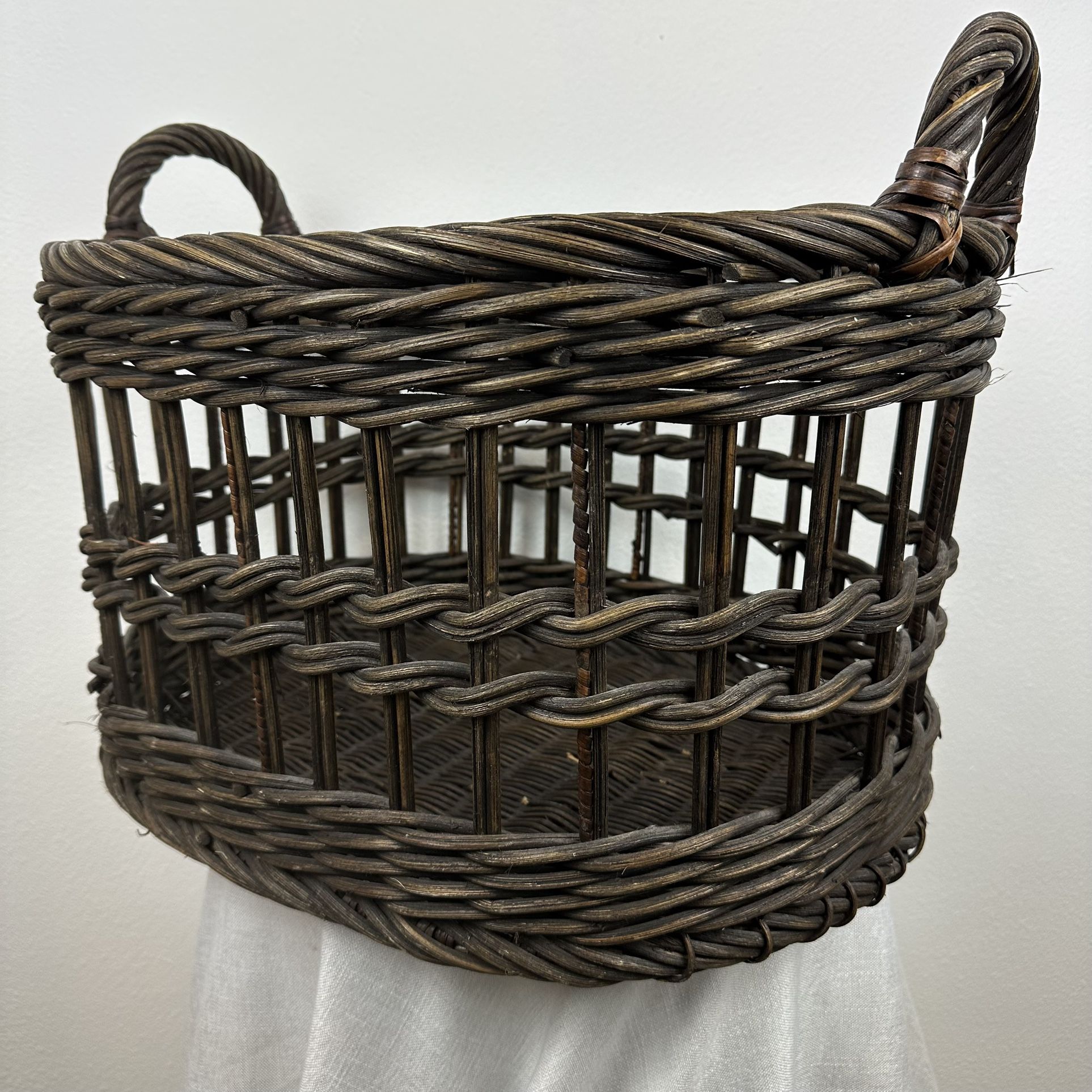 Large Open Weave Brown Wicker Storage Basket With Handles