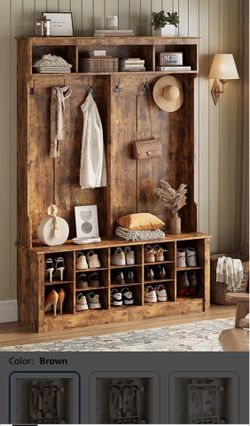 Hall Tree with Bench and Shoe Storage, 53" Farmhouse 4-in-1 Mudroom Storage Organizer with Coat Rack, 6 Hooks, 12 Shoe Cubbies, Adjustable Shelf, for