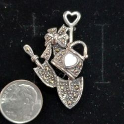 Vintage Suarti Sterling Silver 925 Marcasite Mother Of Pearl Hearts Gardening Tools Gardener Pin Brooch Very Cute