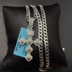 925 Sterling Silver 1.44CT Moissanite Cross Pendant Cuban Link Chain necklace Size 24”