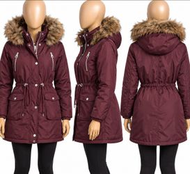 Women's Burgundy Parka Jacket with Faux Fur Hood
