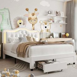 Queen Size Upholstered LED Bed with Adjustable Crystal Button Tufted Crown Headboard, Soft PU Storage Platform Bed with 2 Drawers, White