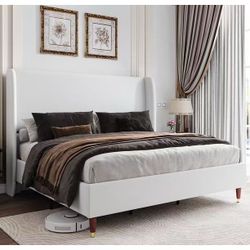 #A. 51.2" King Bed Frame for Adult,Upholstered Bed Frame with Wingback Headboard,White $190