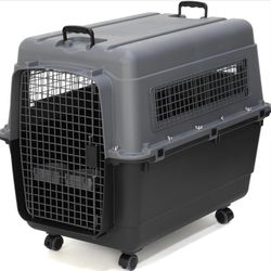 SportPet Airline Compliant X-Large Travel Dog Kennel - Durable Plastic Airline Pet Carrier w/Removable Wheels & Food Bowls, Collapsible Indoor/Outdoor