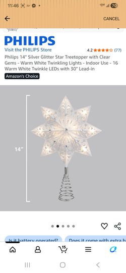 Philips 14" Silver Glitter Star Treetopper with Clear Gems -Warm White Twinkling Lights - Indoor Use -16 Warm White Twinkle LEDs with 30" Lead-in