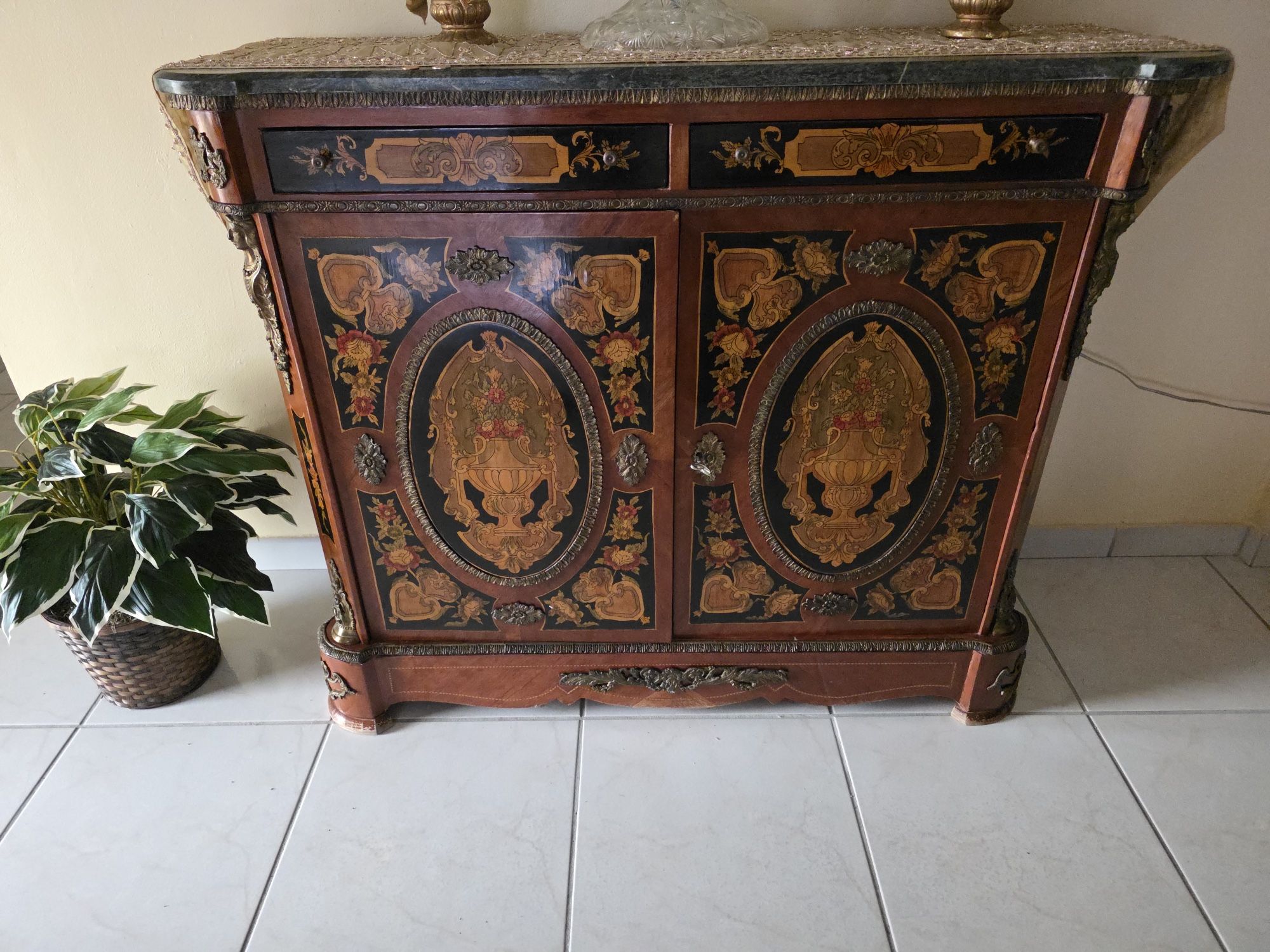 Oriental Cabinet With Marble Top And Storage