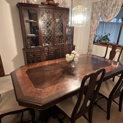 Sunburst Teak Dining Table And China Cabinet 