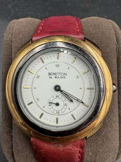 Vintage Benetton by Bulova Tachymeter Watch Red Velvet Strap 1990s Rare Collab G