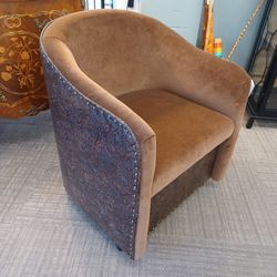 Embossed Paisley Leather Velvet Barrel Chair